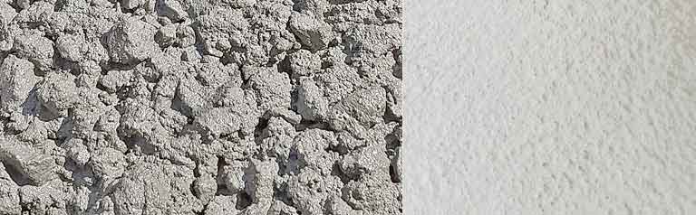 Image of a typical concrete footing mix on the left and a smooth finish wet concrete on the right.