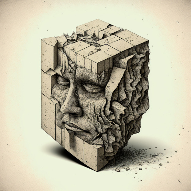 Detailed sketch drawing of a face carved into masonry blocks