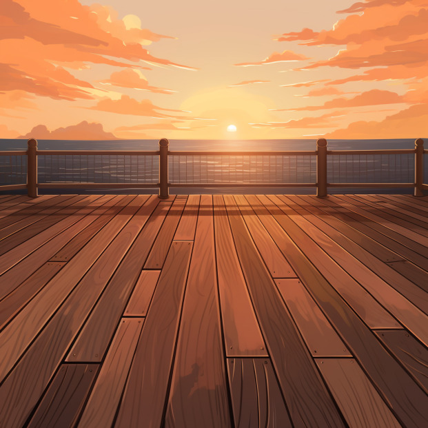 a traditional style deck overlooking the ocean at sunset