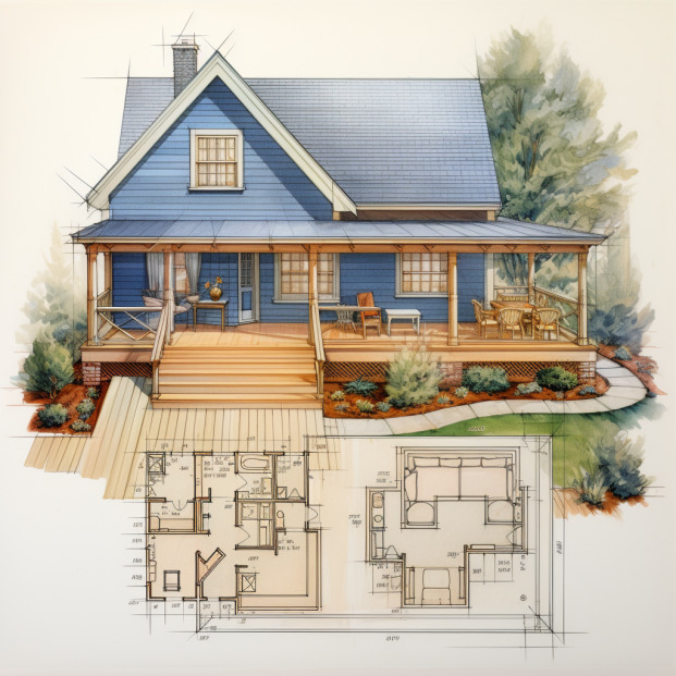 A residential home plan with a beautiful front porch and decking